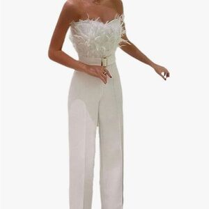 Women's Off Shoulder Jumpsuit, Elegant Feather